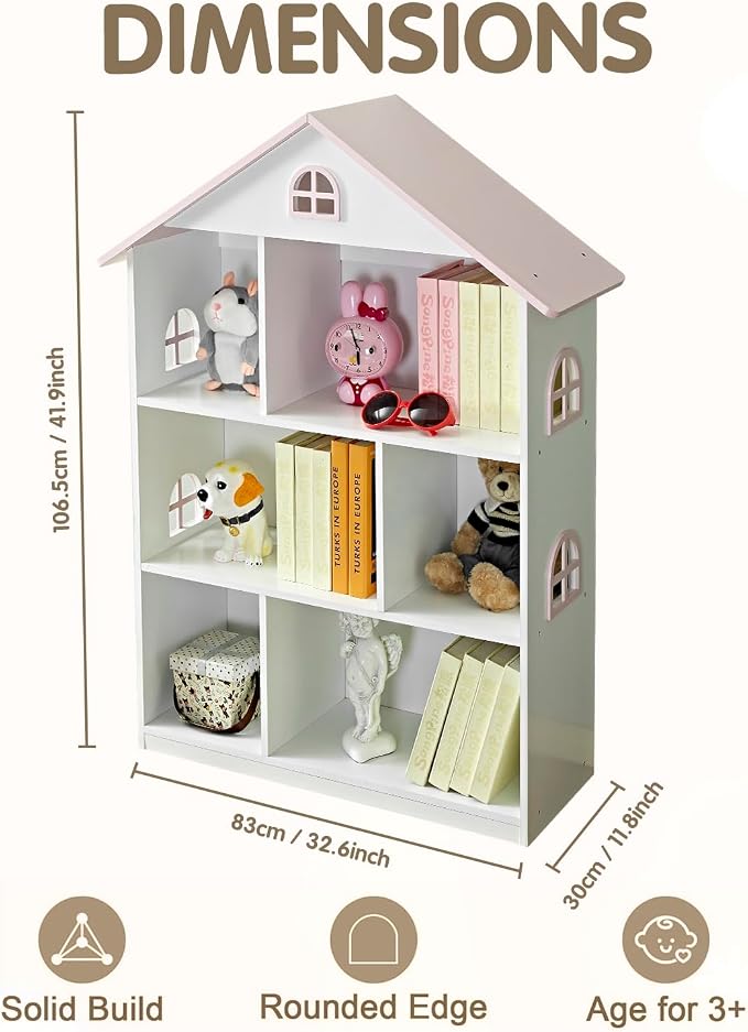 Kids Dollhouse Bookshelf and Toy Storage - Wooden Stand Dollhouse Bookcase with 3-Tier Storage Display, Bookshelf for Playing Room, Nursery, Gift for Boys Girls (6 Room - Pink with White)