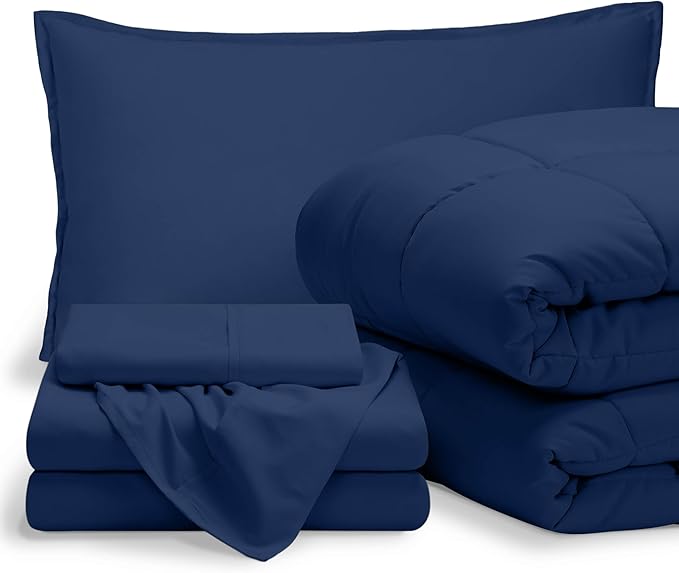 Bare Home Bed-in-A-Bag 5 Piece Comforter & Sheet Set - Twin XL - Goose Down Alternative - Ultra-Soft 1800 Premium Bedding Set (Twin XL, Dark Blue/Dark Blue)