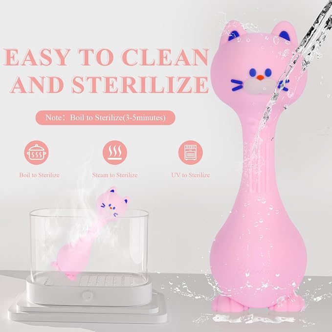 Baby Rattle Teething Toys Cat Silicone Teether Rattles for Baby 0-12 Months Food Grade Silicone (Pink)