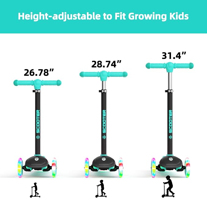 KORIMEFA Scooter for Kids Ages 3-8 with Light-Up Wheels & Deck, 3-Wheel Toddler Scooter with Adjustable Height, Anti-Slip Deck, Lean-to-Steer