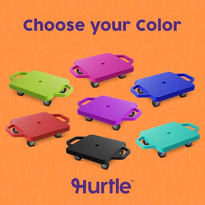 Hurtle Scooter Boards for Kids with Safety Handles, 2-Pack Heavy Duty Gym Floor Scooters with 360° Wheels for PE, Indoor Active & Sensory Play, Support 200 lbs, Includes Cones & Tow Strap, Blue & Red