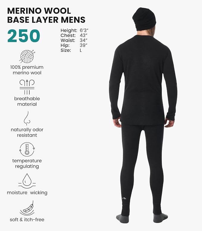Merino.tech Merino Wool Base Layer Mens Set - Heavyweight, Midweight, Lite Merino Wool Thermal Underwear For Men Top, Bottom