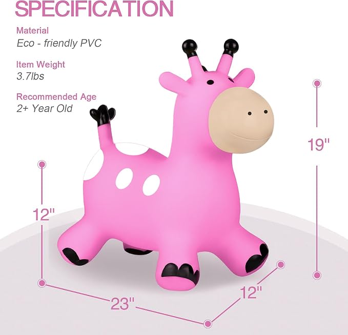 INPANY Giraffe Pink Bouncy Horse Hopper - Toddler Hopping Toys, Inflatable Animal Hopper, Jumping Horse, Outdoor Indoor Ride on Rubber Bouncer, Birthday Gift for 2 3 4 Year Old Boy Girl