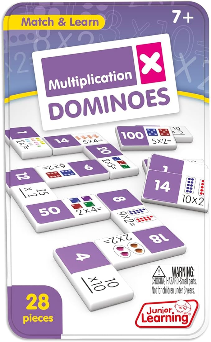 Junior Learning Multiplication Dominoes Game Set, 28 Pieces, Ages 7-9, Math Skills, Grade 2-3