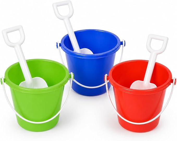 The Dreidel Company Beach Day Playsets 3-Pack 5.5" Sand Bucket Play Set Box Includes, 1 Pail, 1 Shovel Toy for Boys and Girls Birthday Party Favor