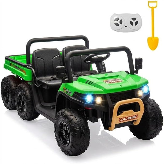 Hetoy 2 Seater Ride on Dump Truck, 24V Electric Vehicle Toys for Kids with Remote Control, Ride on Car with Electric Dump Bed, Toy Shovel, Music, LED Headlights & Spring Suspension- Ages 3+ (Green)