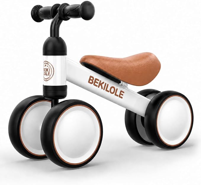 BEKILOLE Baby Balance Bike for 1 Year Old Boys Girls, 12-24 Month Toddler Balance Bike, No-Pedal 4 Silent Wheels, Ride-On Toys for 1 Year Old, 1st Birthday Boy Gifts, White Brown