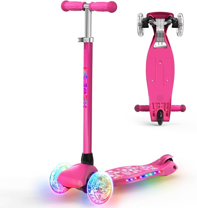 TONBUX Kids Scooter for Ages 3-8: 3-Wheel Kick Scooter with LED Light-Up Wheels & Deck, 7 Lighting Modes, 4 Adjustable Heights, Metal-Reinforced Deck, Lean-to-Steer Balance Training Toddler Scooter