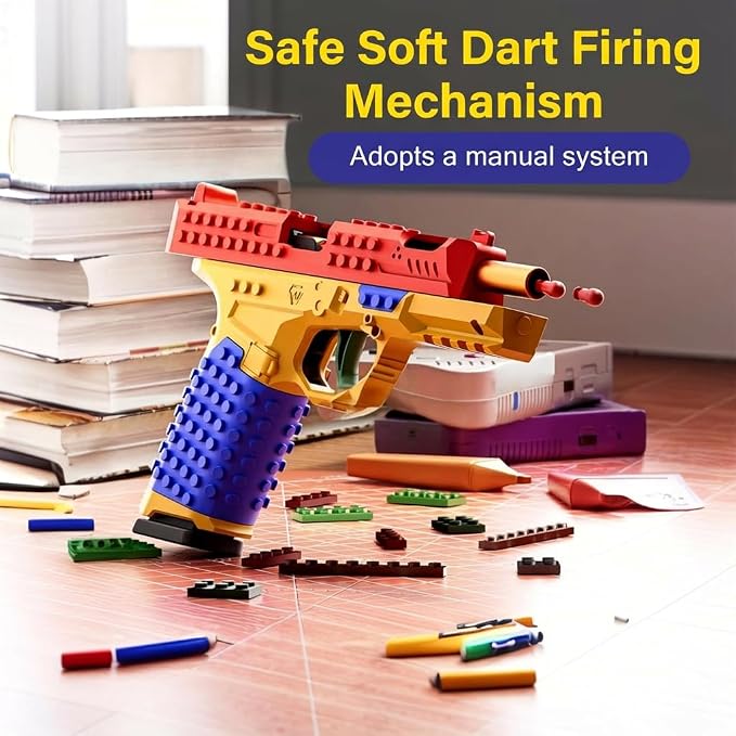 Toy Gun Building Block Kit, DIY Fidget Pistol Toy for Adults, Funny Building Blocks Set with Display Stand, Creative Soft Shooting Collectible