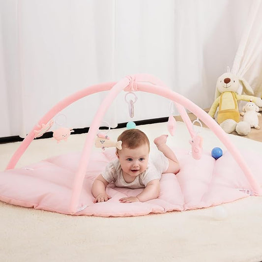 ANGELBLISS Baby Play Gym Mat, Reversible Tummy Time Mat with 6 Sensory Toys for Stage-Based Developmental, Thick & Large Baby Activity Center from Newborn to Toddler (Pink)