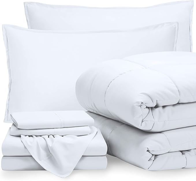 Bare Home Bed-in-A-Bag 7 Piece Comforter & Sheet Set - King - Goose Down Alternative - Ultra-Soft 1800 Premium - Bed Set (King, White/White)