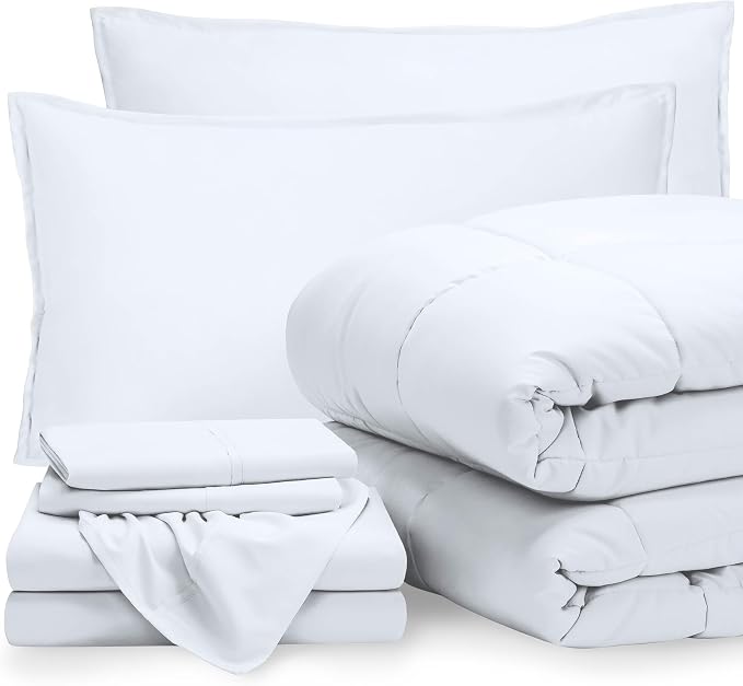 Bare Home Bed-in-A-Bag 7 Piece Comforter & Sheet Set - Full - Goose Down Alternative - Ultra-Soft 1800 Premium - Bedding Set (Full, White/White)