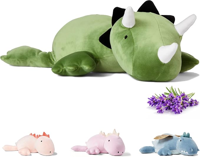 KOWSI® Microwavable Heating Pad Green Triceratops Plush - 1.4 Lb Weighted Stuffed Animal Toy with Tourmaline Beads & Lavender - 16" Squished Long Dinosaur Pillow - Lumbar Back Cushion Lasting Warmth