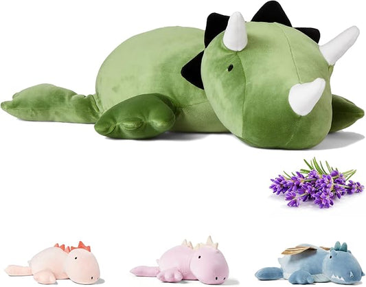 KOWSI® Microwavable Heating Pad Green Triceratops Plush - 1.4 Lb Weighted Stuffed Animal Toy with Tourmaline Beads & Lavender - 16" Squished Long Dinosaur Pillow - Lumbar Back Cushion Lasting Warmth