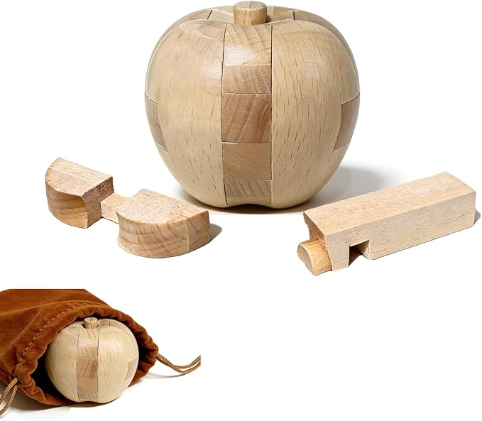 Brain Teasers Wooden Apple Puzzles for Adults - Challenging 3D IQ Logic Games for Teens 14+, Stress Relief Desk Toys & Office Decor, Unique Gifts for Women,Men,Grandparents (Natural)
