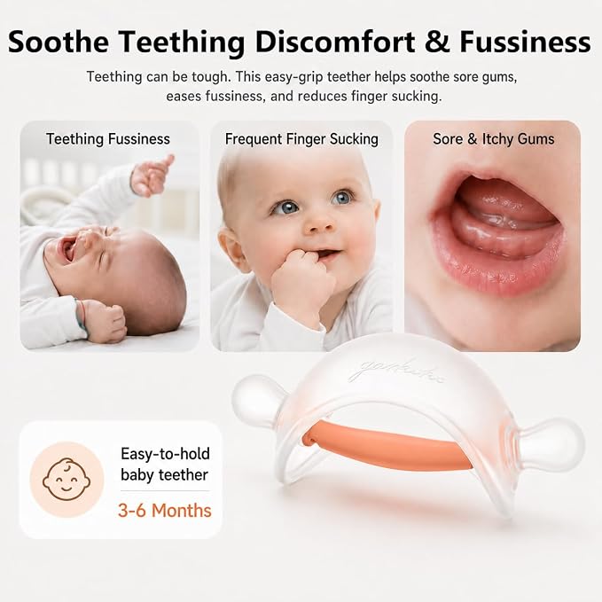 Garkoko Baby Teething Toys for 3-6 Months, No-Drop Silicone Teether for Breastfed Babies, Easy-Grip Infant Chew Toy for Teething Relief, BPA-Free Newborn Essentials