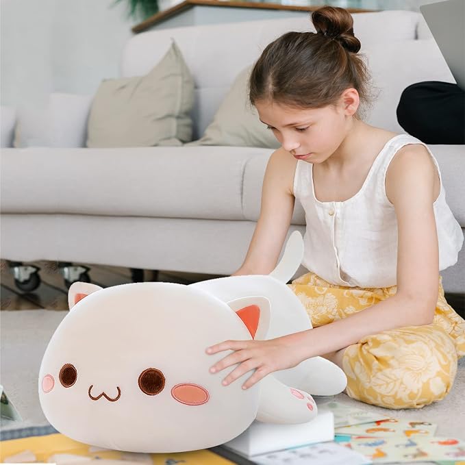 FUYU Cat Stuffed Animals, Soft Cat Plush Pillow Kawaii Kitten Stuffed Animal Toy Gifts for Kids Boys Girls Room Decor (White Round Eyes,19in/50cm)