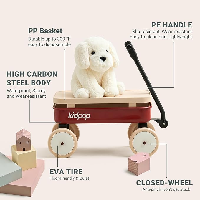 Kidpop Kids First Pull-Along Wagon with Removable Cover and Basket for Storage, 4-in-1 Push Pull Toy Cart for Toddlers, Lightweight (5.5 lbs), 1st Birthday Gift (Red)