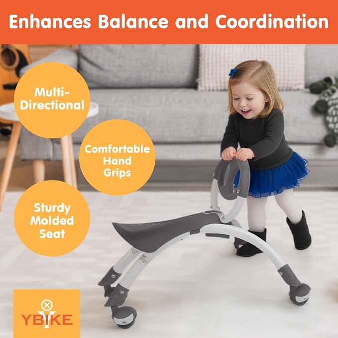 YBIKE Pewi Walking Toddler Ride On Toys - from Baby Walker to Toddler Balance Bike for Ages 9 Months to 3 Yrs, Durable Walking Buddy Push Toy, Comfortable, Indoor & Outdoor, Up to 44 Lbs, Gray