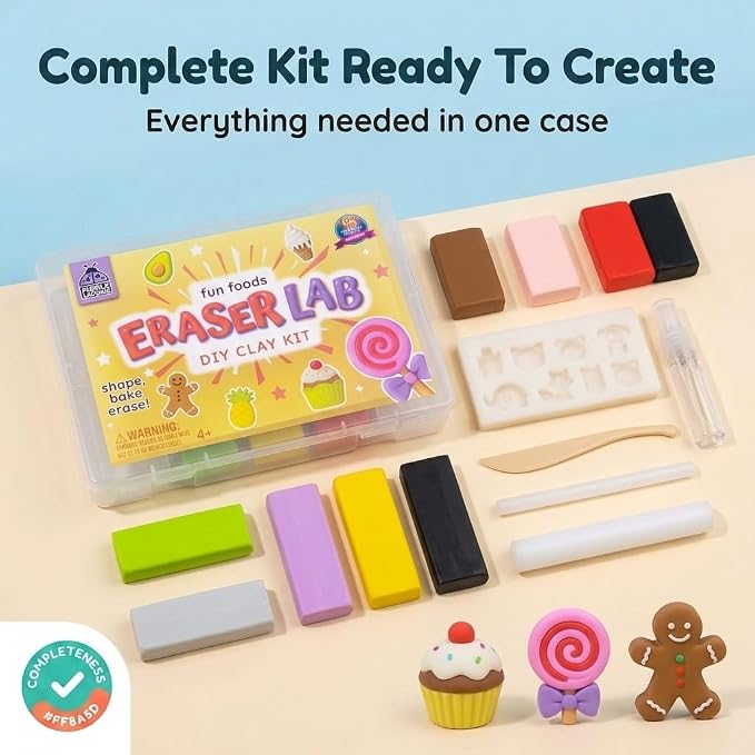 Eraser Lab DIY Clay Kit - Gift Food-Themed Fun Eraser for Kids Craft Set, 8 Clay Colors, Mold Tray & Shaping Tool, Presents for Kids, Creative Activity for Boys & Girls Aged 4+, Birthday Gifts