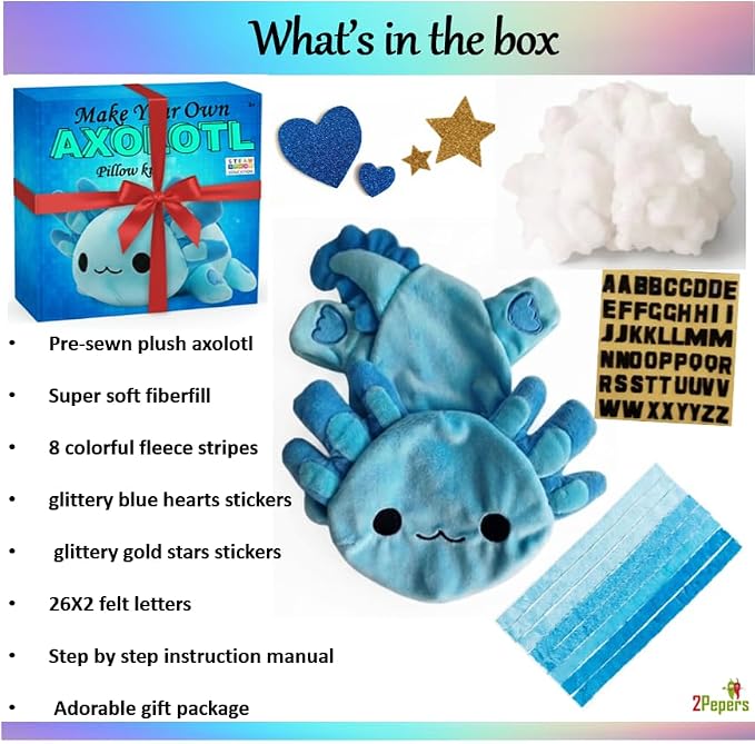 Axolotl Plushie Kit, DIY Animal Toy Crafts For Boys & Girls Toddler, Squishy Plushy Sensory Stuffed Pillow Art Project, Fun Birthday Present Gift For Kids 3 4 5 6 7 8 Year Old, Blue Axolotl Toy Set