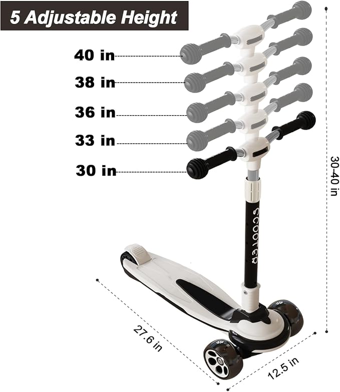 Kick Scooter for Kids Ages 3-12, 5 Adjustable Height Foldable Scooter with 3 LED Light Wheels, Outdoor Activities for Toddlers Boys Girls, Max Load up to 165 lbs