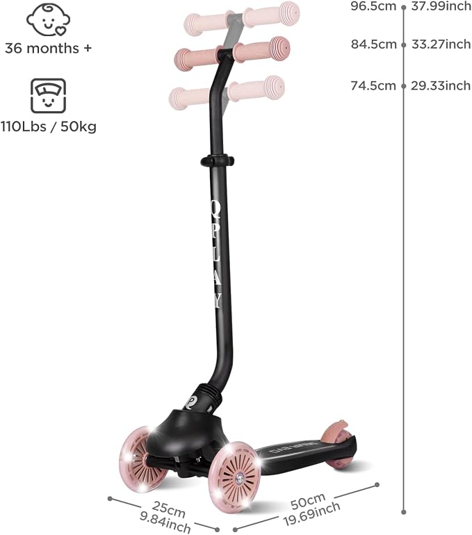 QPlay Toddler Scooter Ages 1 to 6 | Up to 110 Lbs | Kick Scooter with Adjustable Push Handle Height, Lights on Deck & 3 Wheels, Kids Ages 2 to 5 Boys & Girls Gifts (Violet)