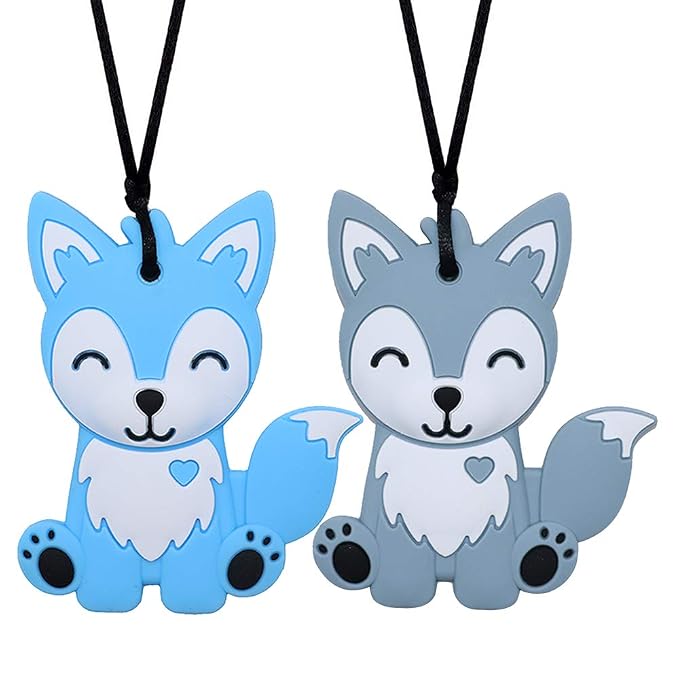 Sensory Chew Necklaces for Kids, Boys, and Girls - 2 Pack Fox Silicone Chewy Toys for Autism, ADHD, SPD, Chewy Oral Motor Chewing Toy for Adults Blue&Grey