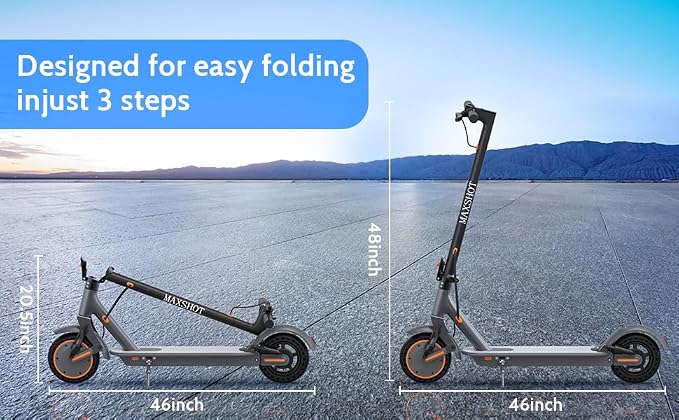 Maxshot Electric Scooter, 8.5" /10" /14" Tire, 16/19/22 Mph Top Speed, 12/16/21/27/28/49/50 Miles Long Range, Folding Escooter for Adults and Kids with Seat Bag, Dual Braking, Dual Suspension, App