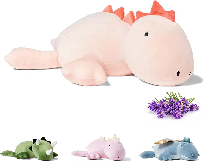 KOWSI® Microwavable Heating Pad Pink Stegosaurus Plush - 1.4 Lb Weighted Stuffed Animal Toy with Tourmaline Beads & Lavender - 16" Squished Long Dinosaur Pillow - Lumbar Back Cushion Lasting Warmth