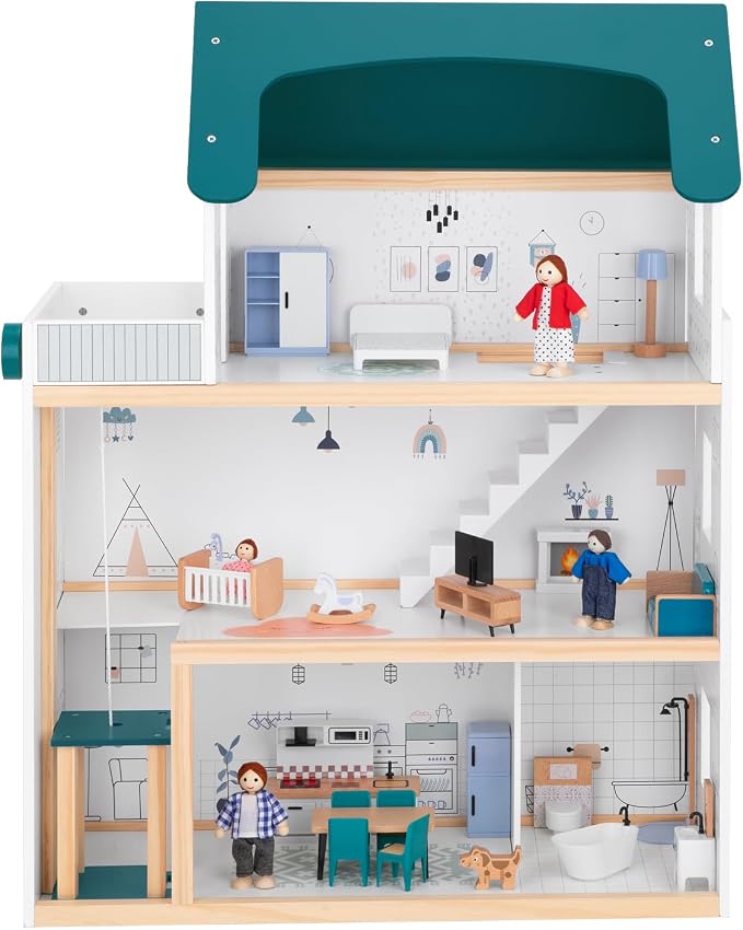 OOOK Wooden Dollhouse with Liftable Elevator - 2.6 Feet High Modern Doll House for Kids Toddlers - Including 21 Furniture Pieces, 4 Family Dolls, and 1 pet