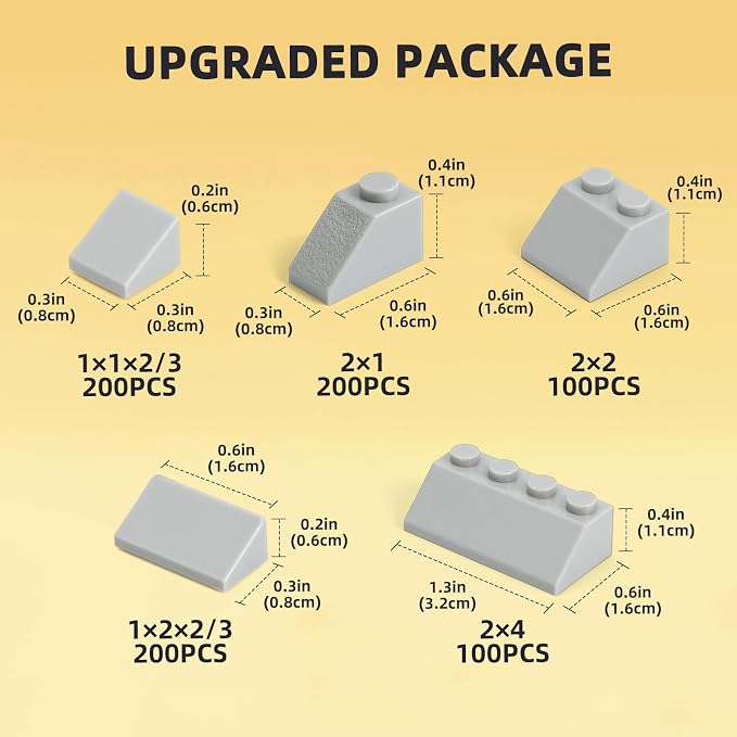 800 Pieces Building Bricks, 5 Sizes Building Pieces, Classic Slope Block Bulks - Compatible with All Major Brands, Light Grey