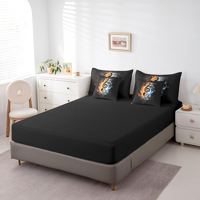 Feelyou Music Comforter Set with Sheets Full Size Popstar Party Bed in a Bag for Boys Girls Teens Dark Black 7 Pieces Bedding Set Soft Lightweight Microfiber