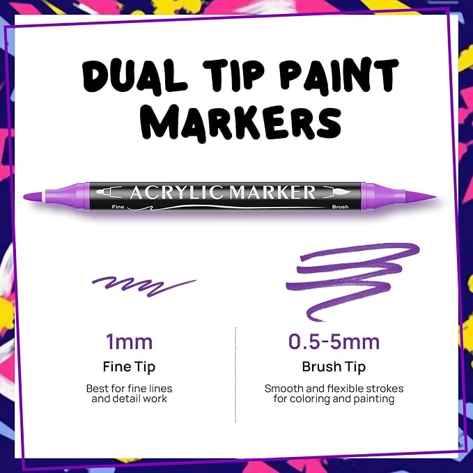 48 Colors Dual Tip Acrylic Paint Markers,Fine Tip and Brush Tip Permanent Acrylic Paint Pens For Rock Painting, Canvas, Wood, Glass, Ceramic, Fabric, Plastic, Egg, Scrapbook,Art Painting Supplies Kit