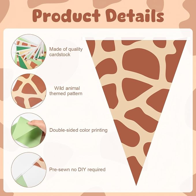 Tiamon 5 Pcs Safari Birthday Banner Decorations Giraffe Animals Green Jungle Wild One Pennant Bunting Printed Triangle Flag for Jungle Wild Baby Shower Zoo Giraffe Birthday Party Decor Supplies