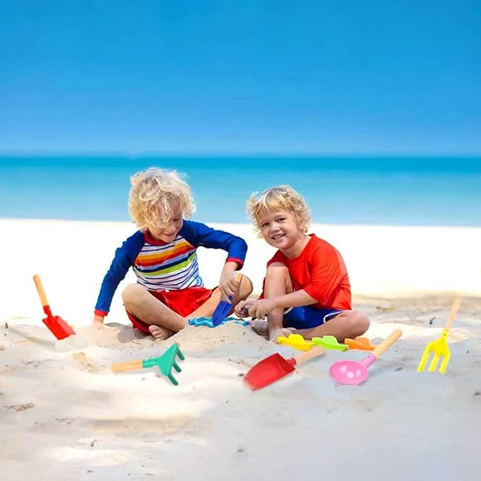 Beach Toys for Kids,Beach Sand Toys, 8'' Metal Sandbox Toys with Sturdy Wooden Handle,Safe Beach Gardening Set,Spoon, Fork, Trowel, Rake & Shovel for Kids，Snow Shovel（6 pcs）