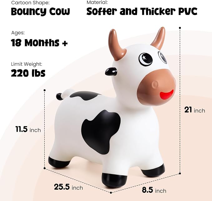 Bouncy Cow Hopper Horse for Toddlers, Bouncy Animals Hopping Toys Jumping Horse, Ride on Toys Indoor Outdoor Inflatable Birthday Gifts for Girls Boys 18 Months 2 3 4 5 6 Year Old