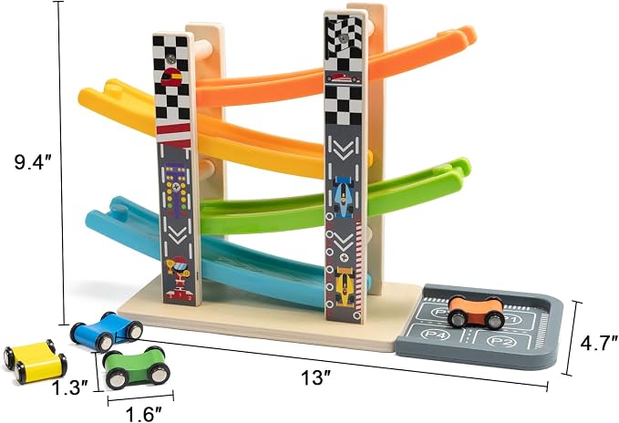 WOOD CITY Wooden Car Ramp Racer Toy Vehicle Set with 4 Mini Cars & Race Tracks, Toddler Toys Montessori Cars Toys Birthday Gift for Kids Boys and Girls