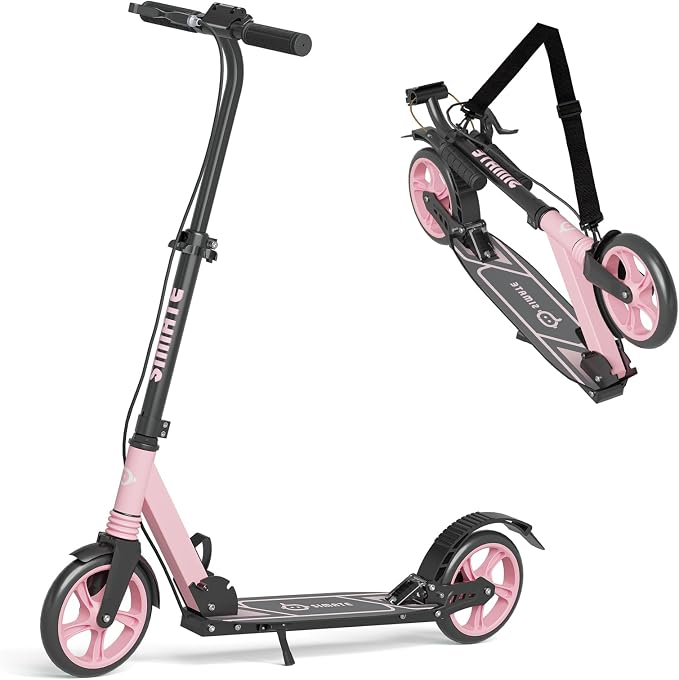 SIMATE Kick Scooter for Kids Teens & Adults, 4 Adjustable Heights, 8IN All Terrain Big Wheels, Dual Brakes & Dual Suspension, Foldable and Lightweight, Gifts for Girls Boys