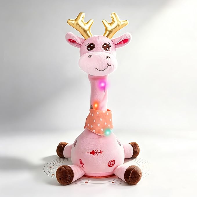 Dancing Talking Giraffe Toy, Stuffed Animal Baby Toy Repeating What You Say, Glowing Musical Giraffe Gifts for Toddlers 1-3 Years Old, for Kids (Pink Giraffe with Golden Antlers)