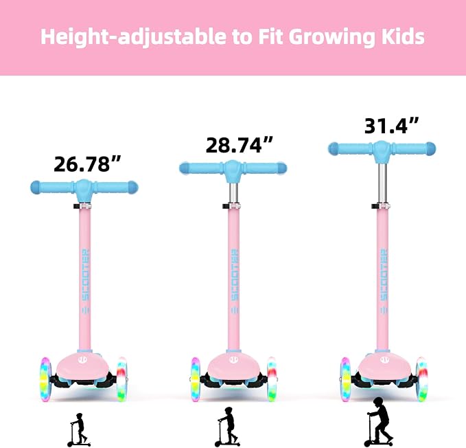 KORIMEFA Scooter for Kids Ages 3-8 with Light-Up Wheels & Deck, 3-Wheel Toddler Scooter with Adjustable Height, Anti-Slip Deck, Lean-to-Steer