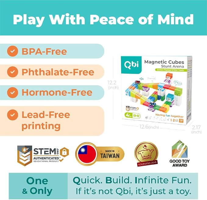 QBI Magnetic Building Blocks Car Track Set, STEM Building Toys for Kids Ages 4-8, Magnetic Cubes with 2 Push-and-Go Cars, Ramps & Track Plates, Montessori Birthday Gift (46PCS)
