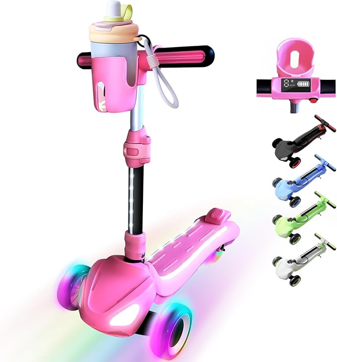 3 Wheel Electric Scooter for Kids Ages 3-10, w/Storage Basket, LCD Screen, Full Body Lights Up, Wide Deck, 5Mph Safe Speed, 90min Riding, Balance Foldable Kick Scooter for Boys & Girls