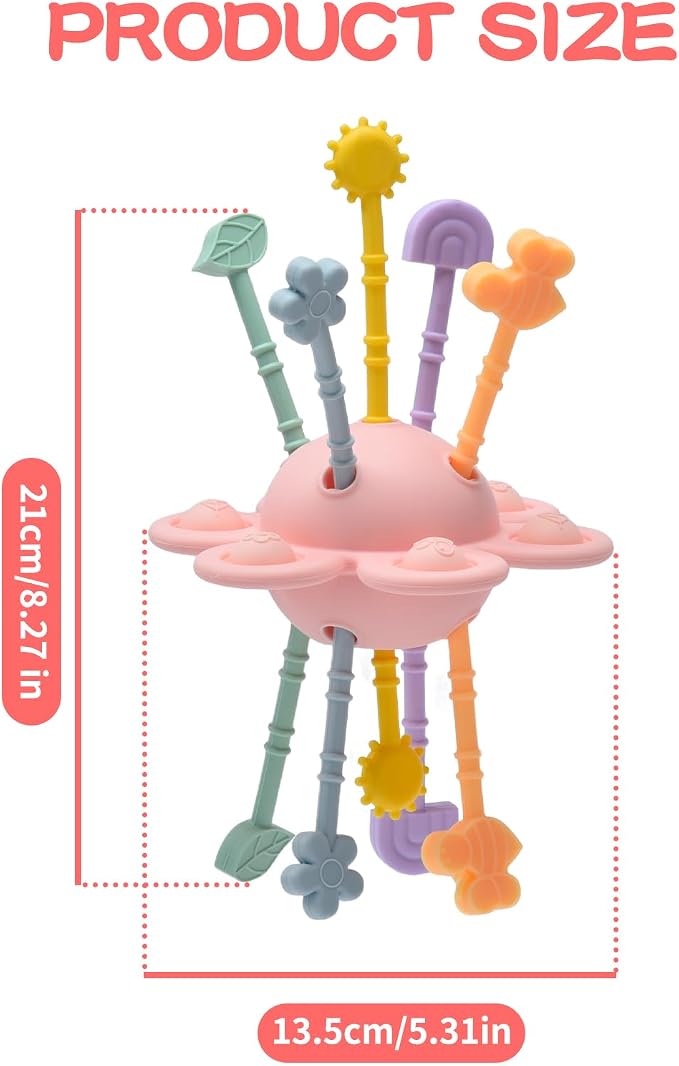 Food Grade Silicone Pull String Baby Toy, Montessori Pull String Sensory Toy (Pink)