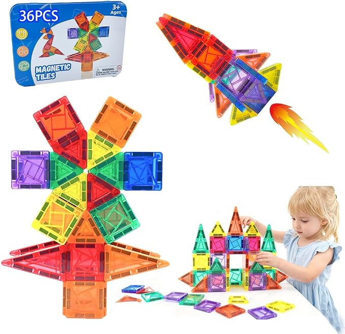 36PCS Mini Travel Magnetic Tiles Set with Iron Box, Portable STEM Building Blocks for Kids Ages 3-8, Educational Construction Toy, Learning Travel Gifts for Boys & Girls
