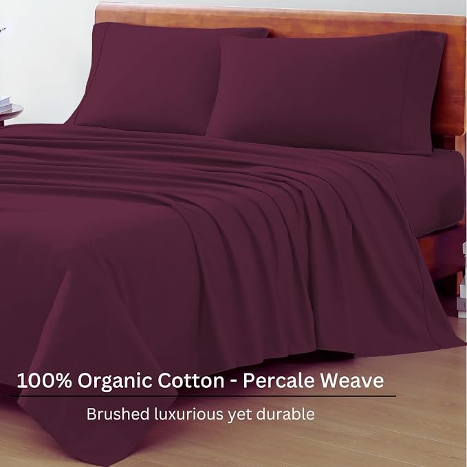 LANE LINEN King Sheets 100% Organic Cotton 4pc Percale Soft - Windsor Wine | King Sheet Set, Pure Long-Staple Organic Cotton - For Master Bedrooms, Naturally Cooling & Lightweight, Great For Gifting