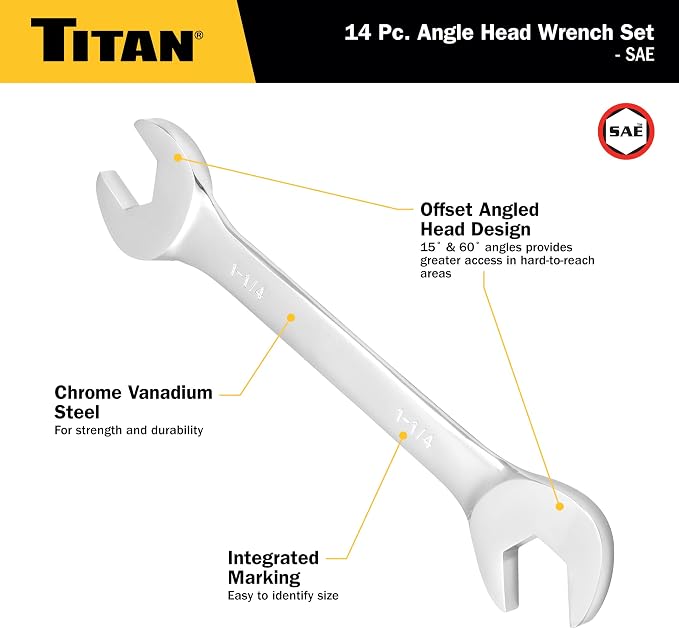Titan 17283 14-Piece SAE Angle Head Open End Wrench Set, Sizes from 3/8" to 1-1/4", V-Groove Design, Chrome Vanadium Steel Construction