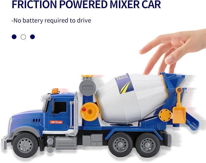 haomsj Big Cement Mixer Toy Truck with Lights Sounds and Working Parts, Friction Powered Push & Go Construction Vehicles for Toddlers Boys and Girls (Big Mixer Car)
