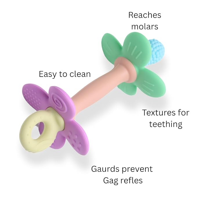 Silicone Teether Tube Stick for Babies – Textured Teething Toy with Grip Handle, Reaches Front Gums & Back Molars, BPA-Free, Easy to Hold - Pastel (Blue, Peach, Purple)