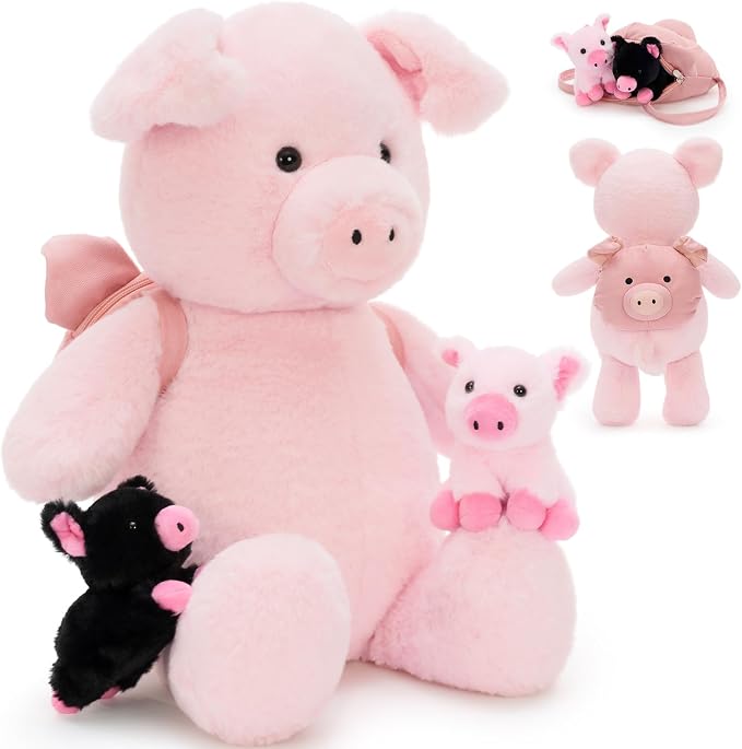 Pig Plush Toy Set, 21" Large Mother Pig Stuffed Animal with 2 Baby Pigs and Removable Backpack, Soft Farm Animal Plushies for Kids, Birthday